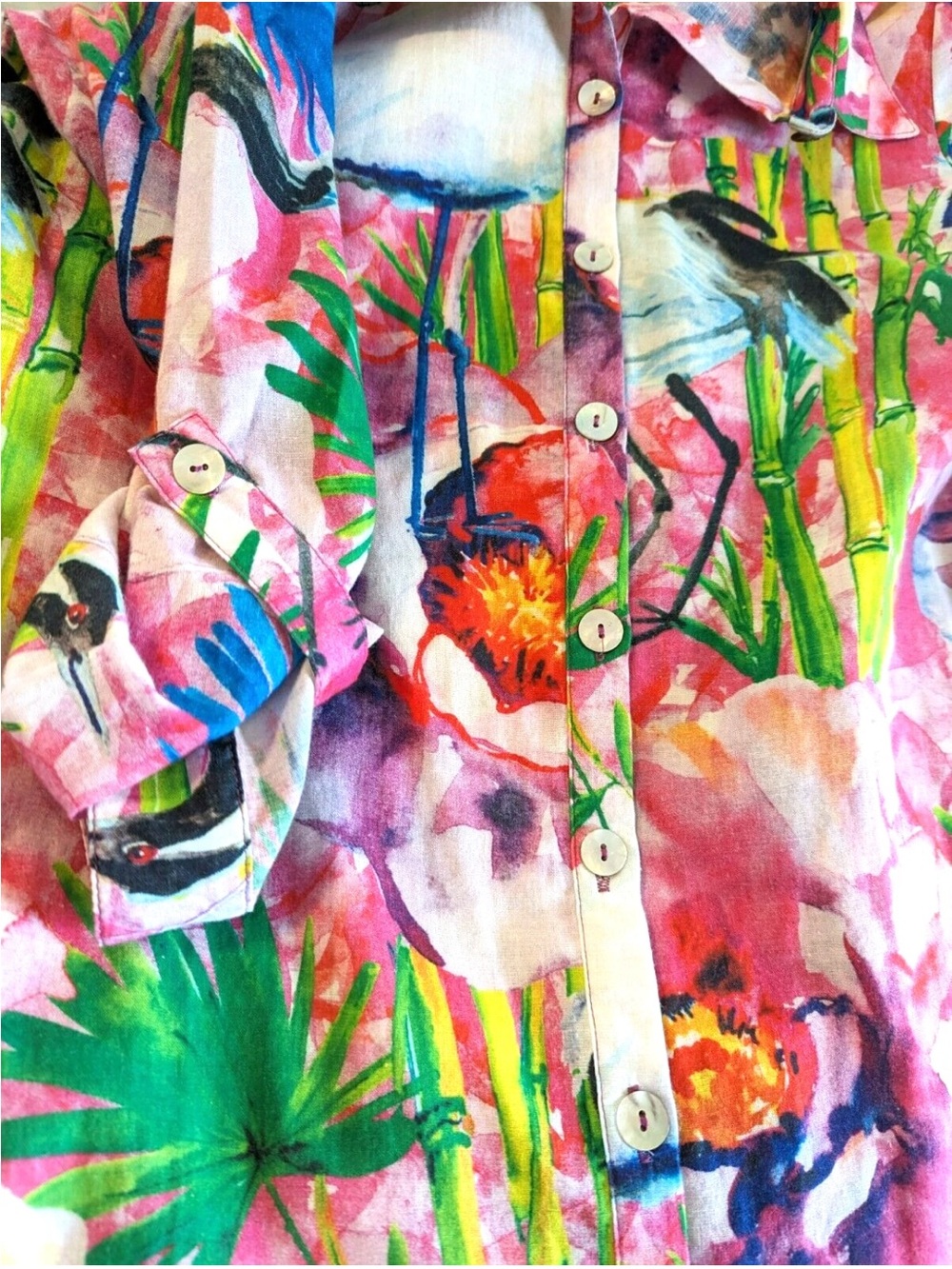 Soft Surroundings XL Tropical Bird Floral Button Front Roll Tab Blouse Colorful - Picture 11 of 13